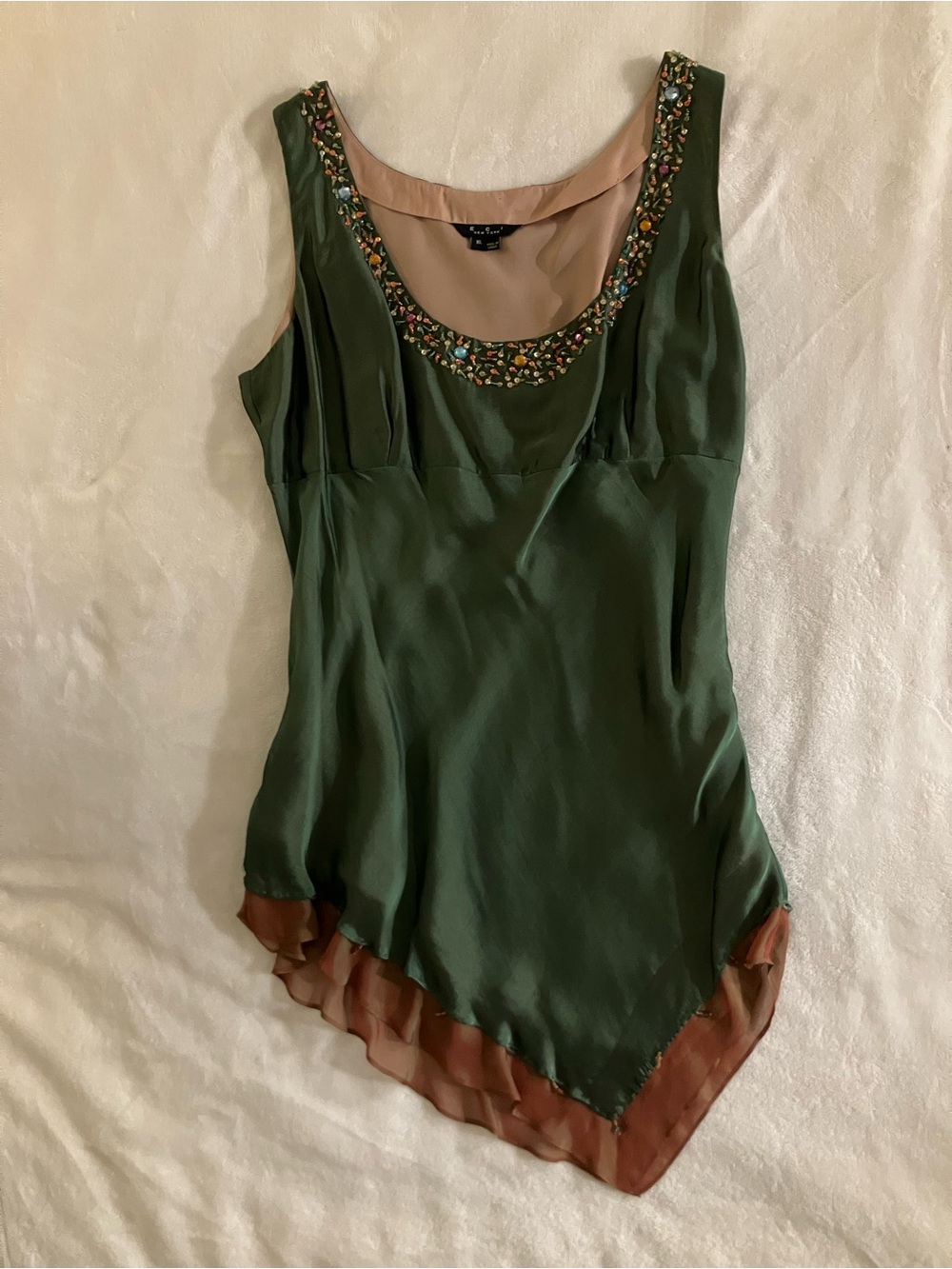 Vintage ECI New York Silk Green Beaded Asymmetrical Y2K Collection Piece - Picture 2 of 10